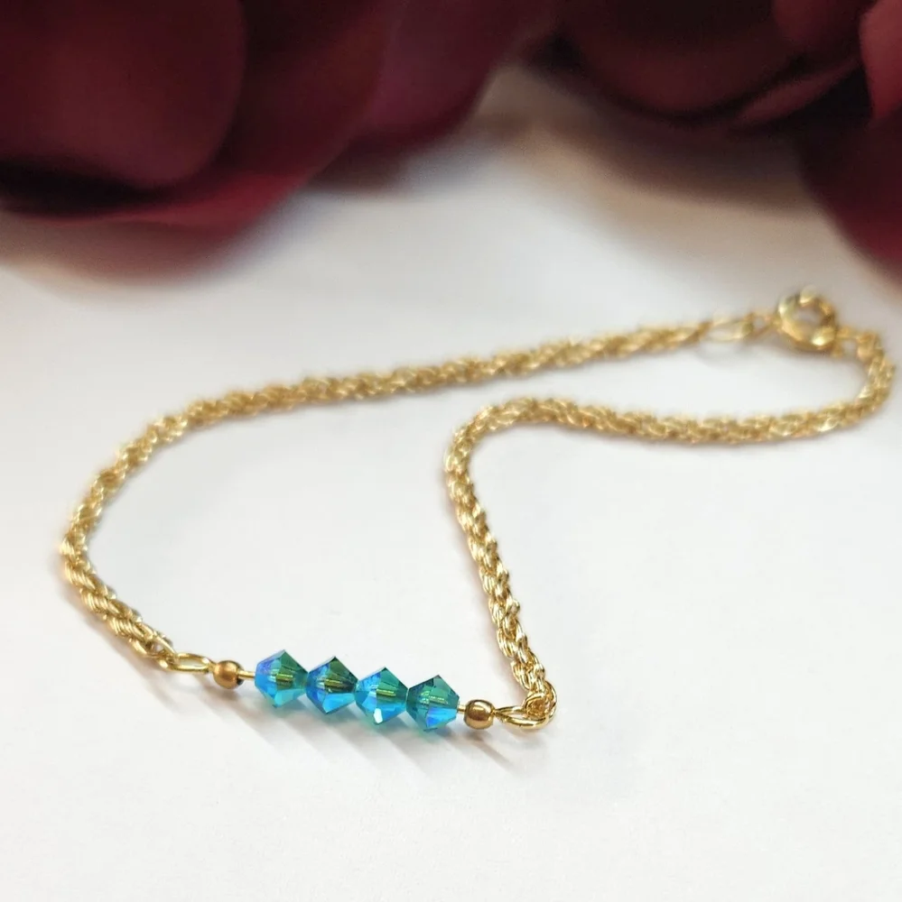Handmade Teal Blue AB Crystal Bar Bracelet Gold Chain